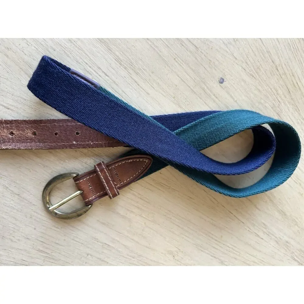 2* VTG Golf Belt Men 42/44 Burgundy Blue Stripe Canvas Brown Leather Colours R